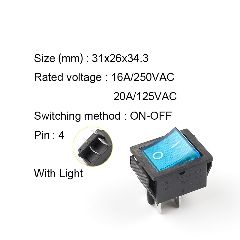 1PCS 4 Pin Rocker Switch ON-OFF Electrical equipment With Light Power Switch 16A 250VAC/ 20A 125VAC KCD4: 4P With Blue Light