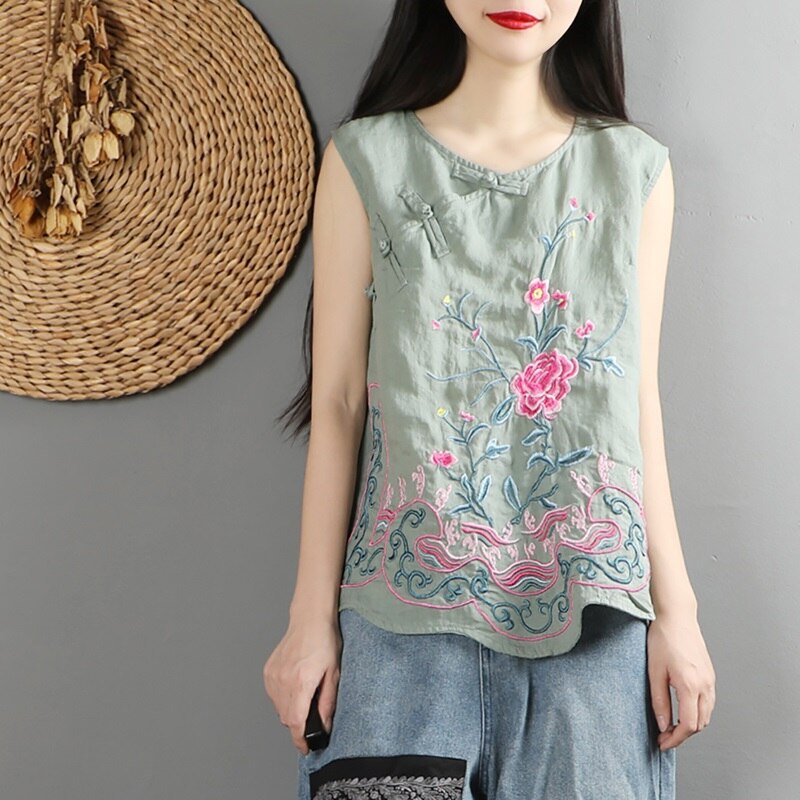 Broderi cheongsam top sommer kinesisk top tang jakkesæt ærmeløs linned skjorte traditionel kinesisk stil tøj kvinder 10716