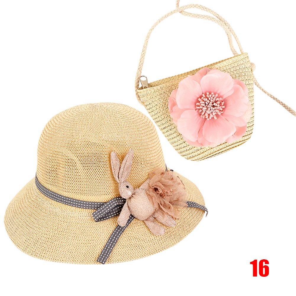 Vrouwen Meisjes Stro Zonnehoed + Leuke Bloem Stro Schoudertas Set Zomer Strand Kit: 16