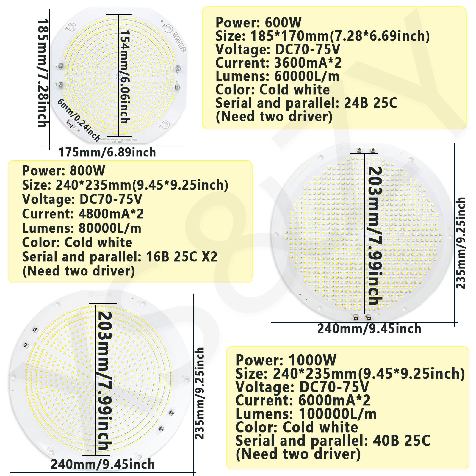 1000W 800W 600W 500W 400W 300W lámpara LED cuenta DC70-75V sustrato de aluminio de alto Lumen blanco frío para fuente de luz de araña de torre