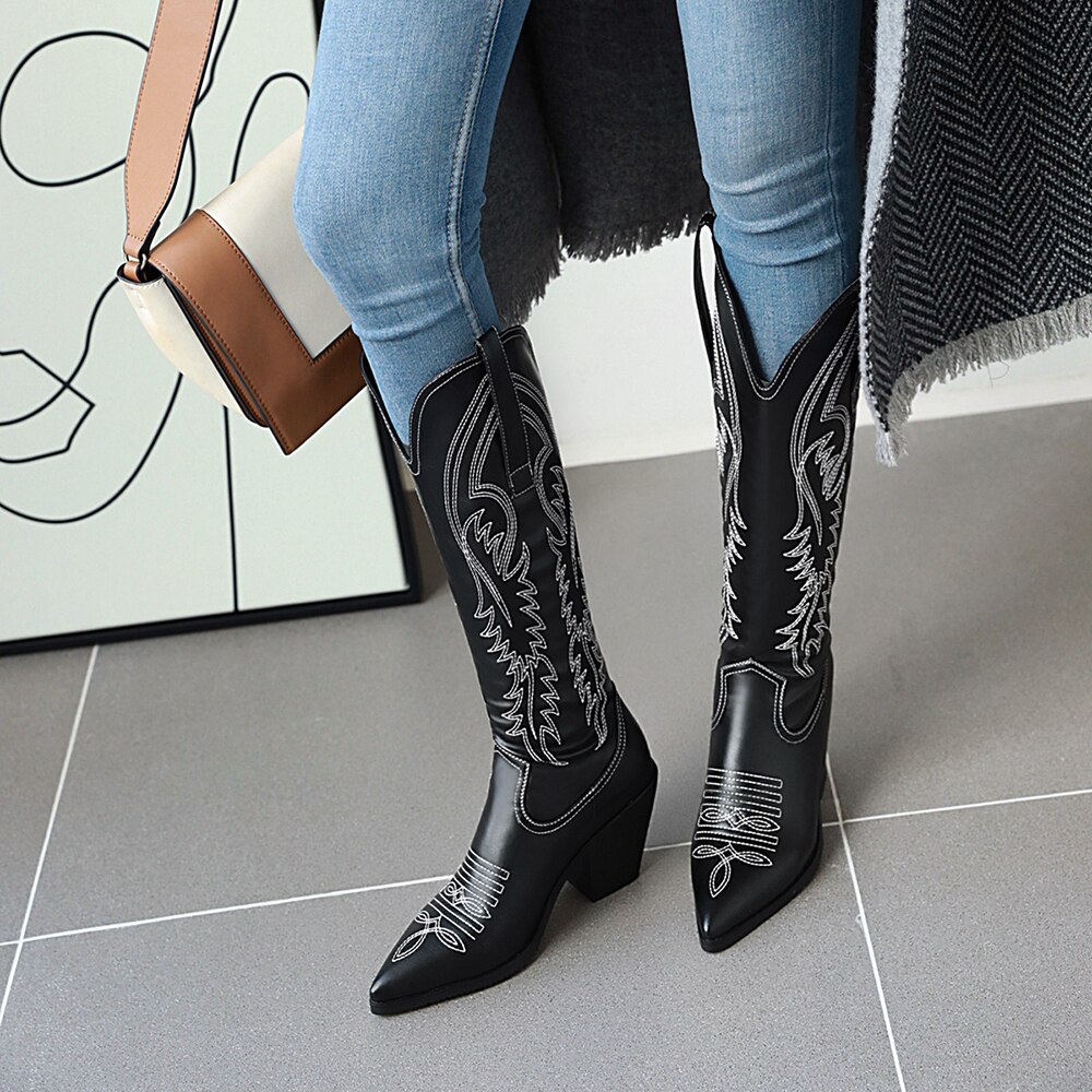Retro kvinnor knähöga stövlar läder ridstövlar medeltida western cowgirl boot höst vinter spetsig tå kvinna kosacker stövlar