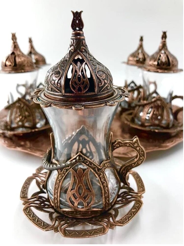Rustik Tea Set - Tulip Pattern 6 Piece Tea Set - stainless metal - 100% Copper - handmade -