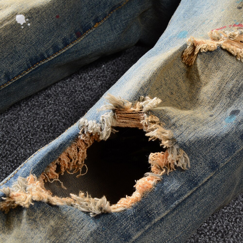 Gaten heren geschilderde gescheurde vintage blauwe distressed stretch denim broek slim fit heren jeans