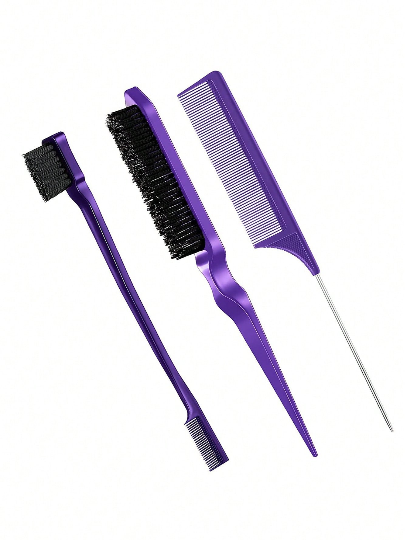 3 stks styling kam set met triple traan haar borstel muis staart kam rand borstel, salon haar styling tool Speciaal voor echt haar pruiken: Paars