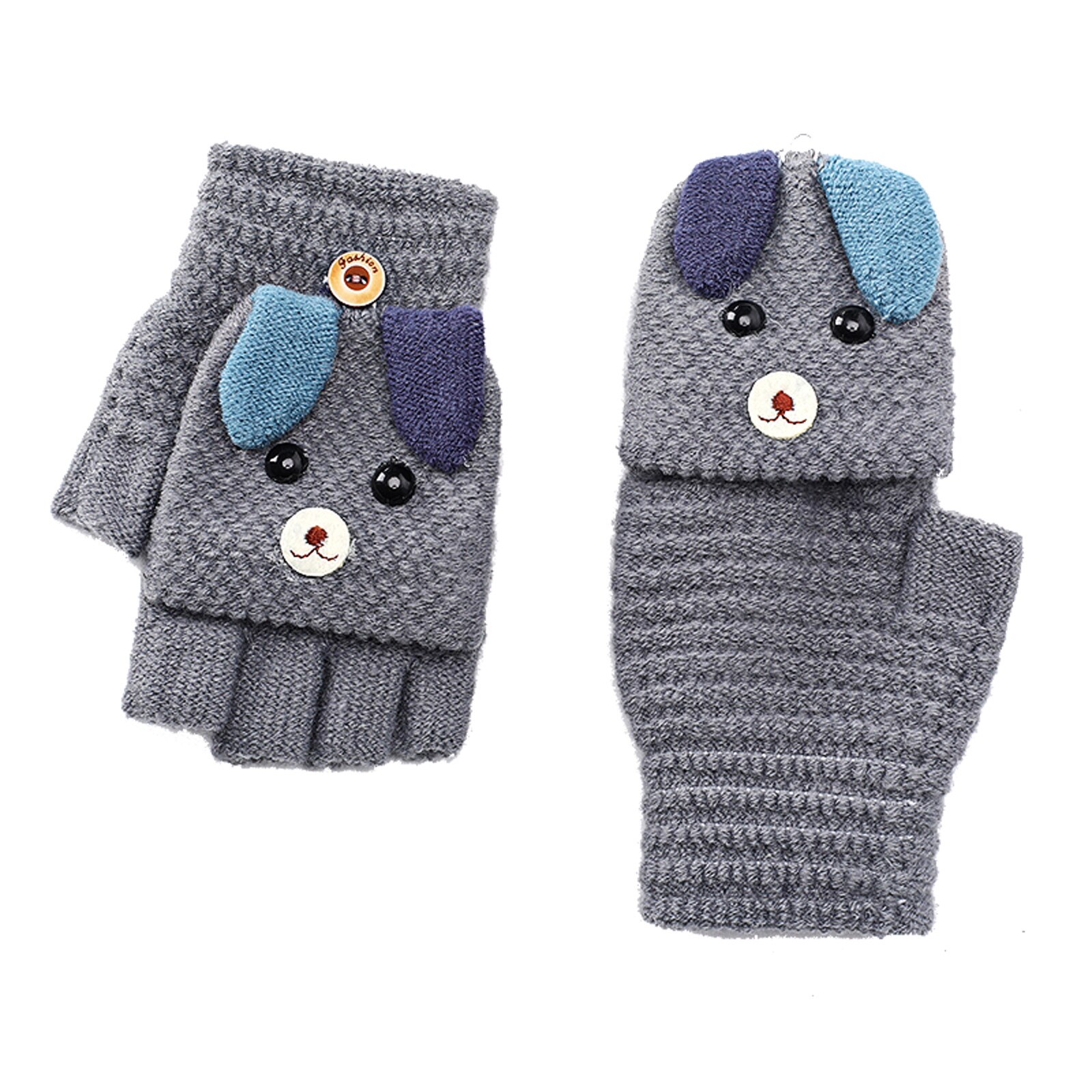 Kids Winter Warm Fingerless Mittens, Cute Cartoon Puppy Convertible Flip Top Gloves with Button for Baby Boys and Girls