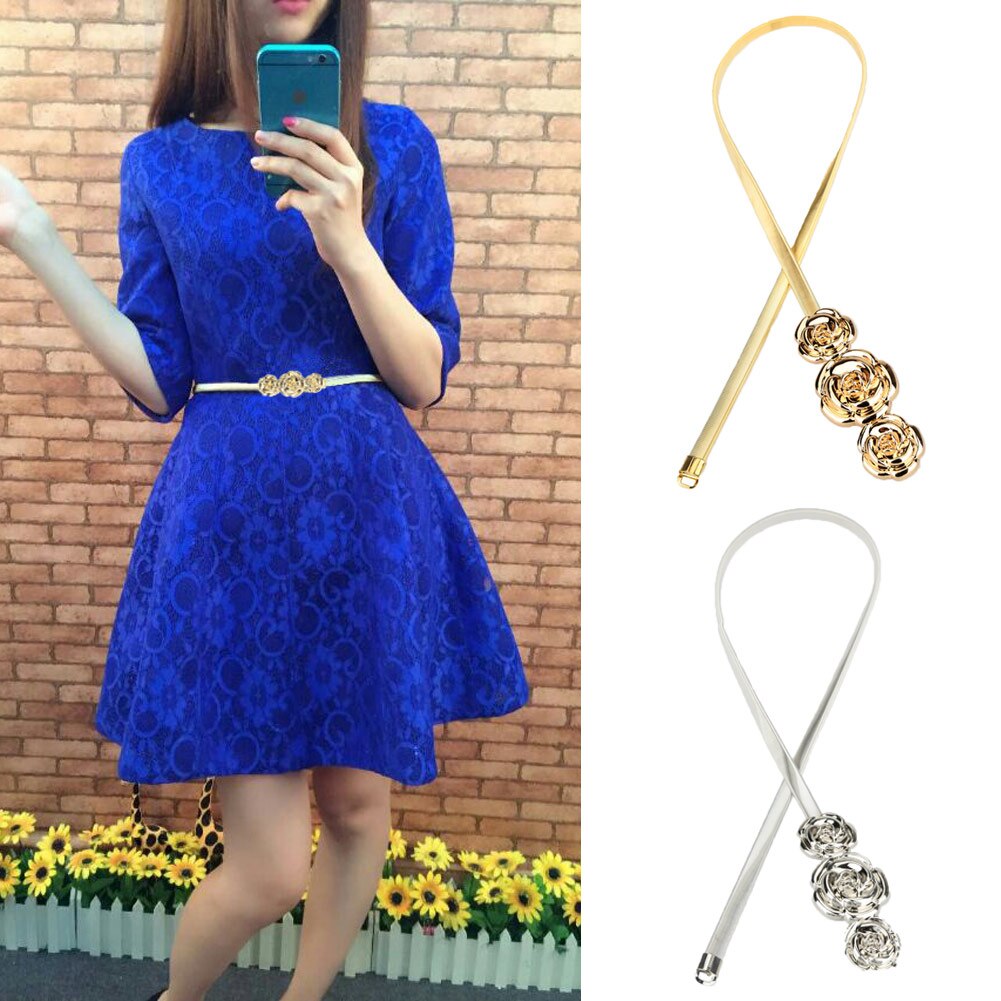 schick Frauen Metall Gürtel Rose Verschluss Vorne strecken Frühling Taille Gurt Elastische Bund Gürtel Für Kleid Bluse Gold/ silber