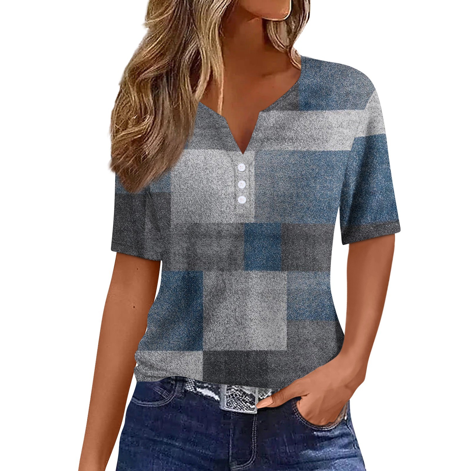 T-shirt à col en V pour femmes, haut décontracté, imprimé rayé, streetwear, t-shirts pour femmes, vêtements d'été,