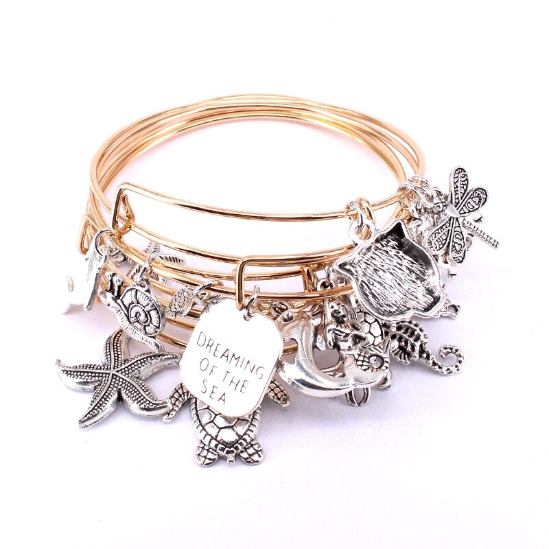 5pcs Bangle Set Wire Bracelets for Women Girls Jewllery Mixed Marine Life Starfish Dolphin Turtle Charm Bracelets C039: Light Yellow Gold Color