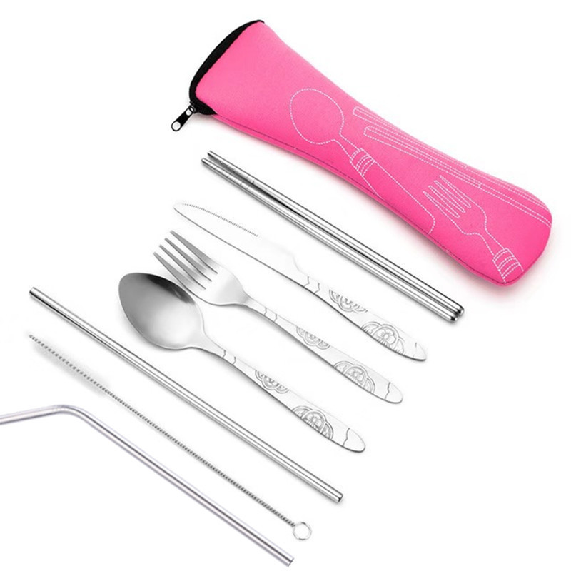 7pcs/ Set Stainless Steel Tableware Set Outdoor Portable Cloth Bag Knife Fork Spoon Chopsticks Straw Rich Flowers Seven Sets: Red