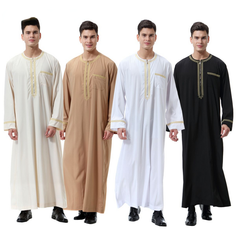 Moslim islamitische Kleding Mannen Jubba Thobe print rits Kimono Lange Gewaad Saudi Musulman Dragen abaya caftan Islam Dubai Arabische Dressing