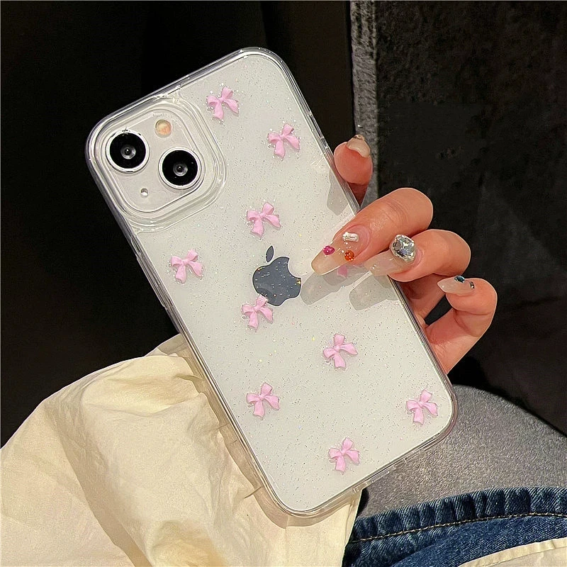Funda de teléfono con lazo rosa para niña de Corea, funda transparente suave a prueba de golpes para iPhone 17 16 Pro Max 15 14 Plus 13 12 11 Pro 7 8 SE 2022
