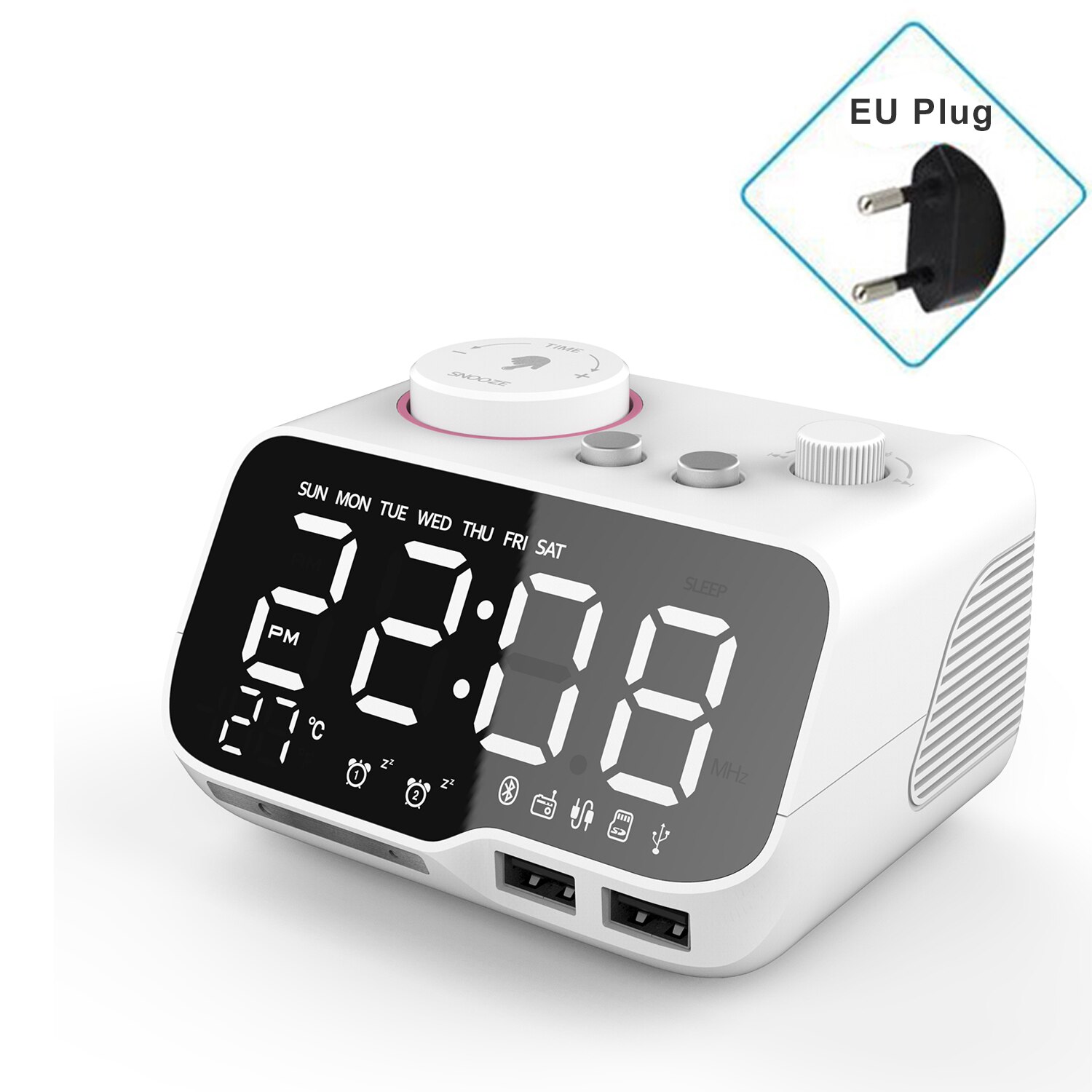 Miclock【actualizado-reloj despertador con cargador USB, despertador Digital LED con Radio FM, Altavoz Bluetooth, temperatura, repetición: White-EU Plug