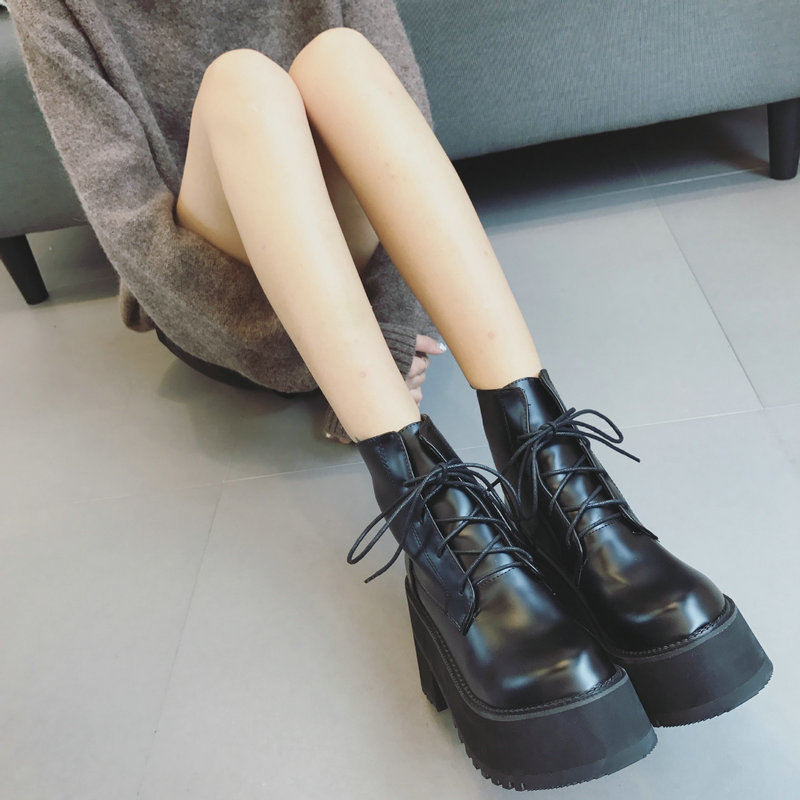Botas de cuero para mujer, Botines de tacón grueso a la , zapatos de tacón alto cálidos para invierno, botas negras con plataforma, B460,