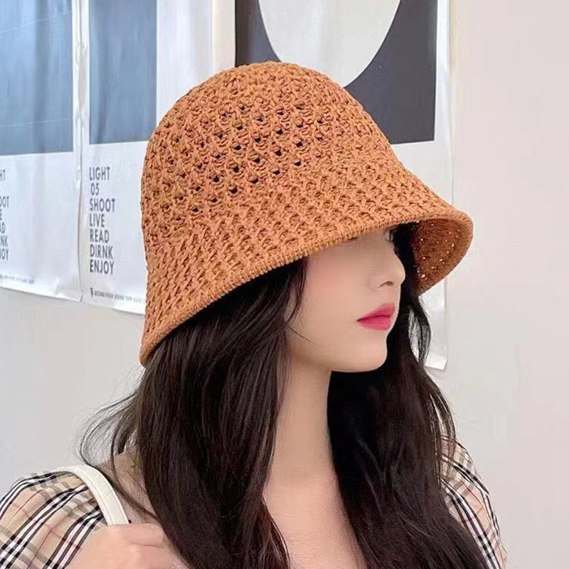 Bucket Hat Spring Summer Hollow Knitted Hat Solid Color Sunhat Fisherman Caps Casual Foldable Beach Cap: green