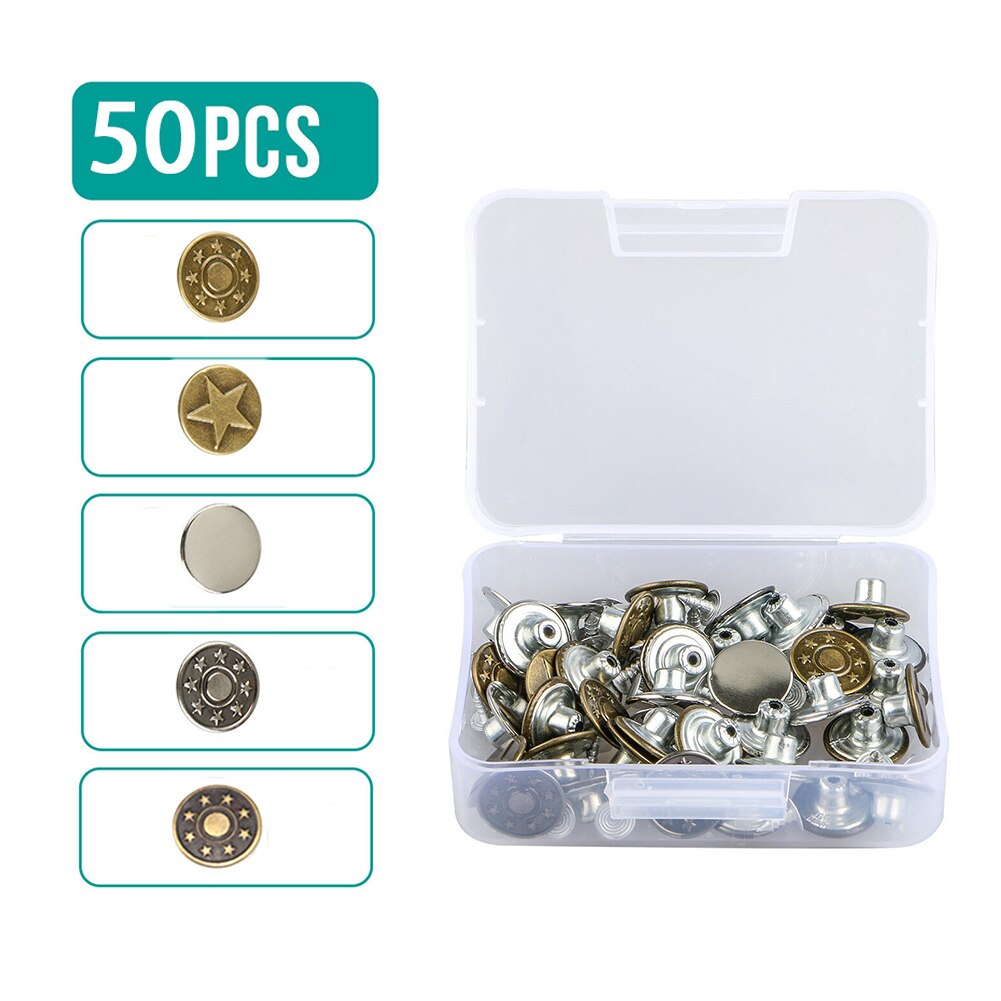 50 Stks/set Voor Naaien Broek Metalen Diverse Tack 17Mm Jeans Knop Praktische 5 Stijlen Reparatie Vervanging Kit Duurzaam Ronde