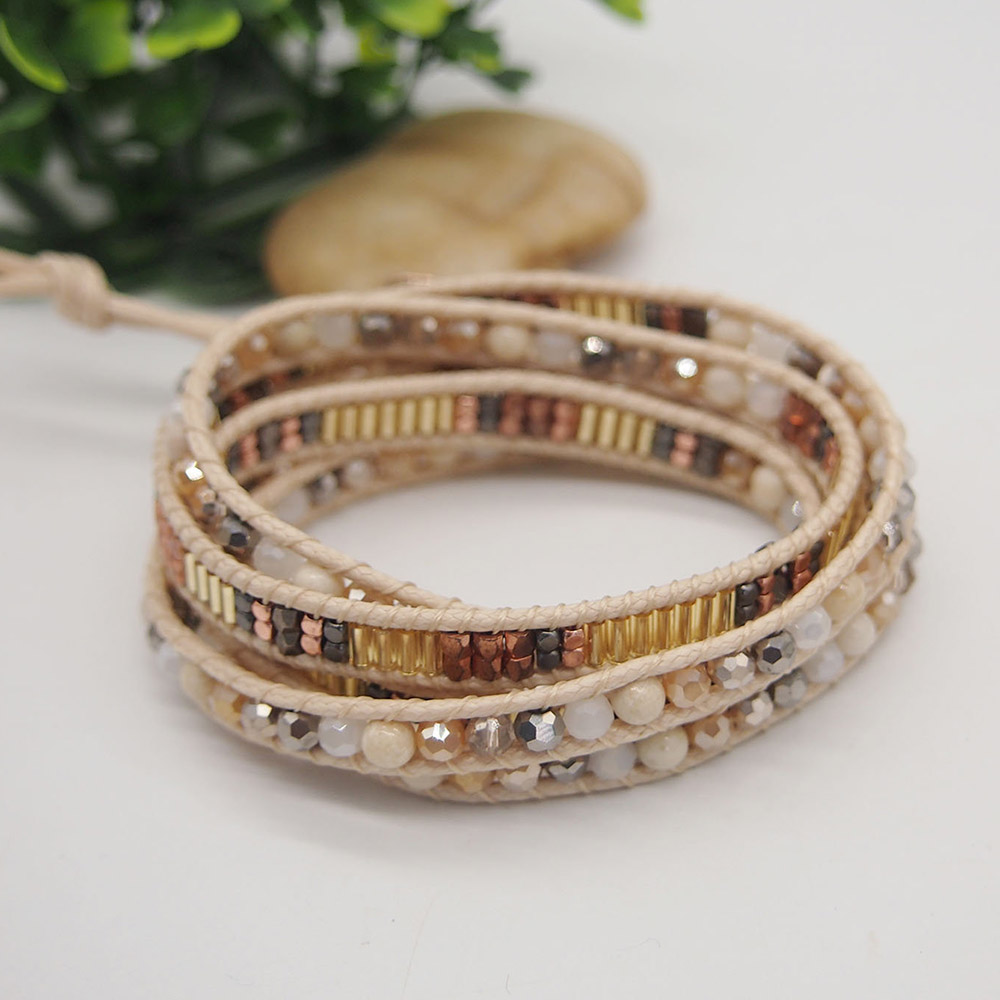 5 Times Wrap with Beige Mix Wrap Beadwork Bracelet Jewelry for Mom