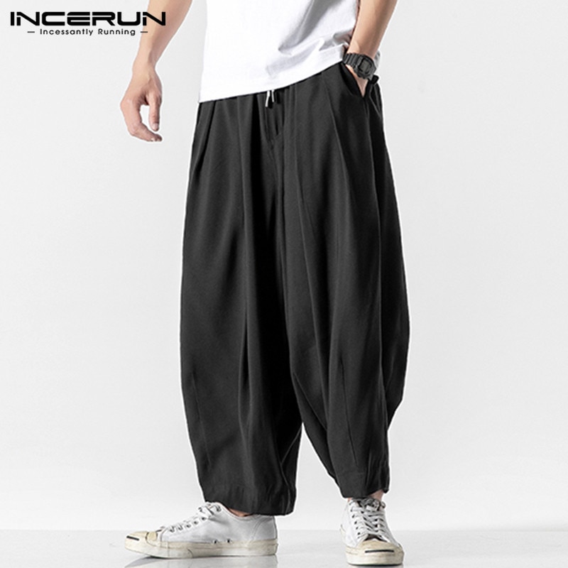 Men Wide Leg Pants 2022 Drawstring Joggers Plain Pockets High Street Casual Trousers Men Baggy Harem Pants INCERUN S-5XL