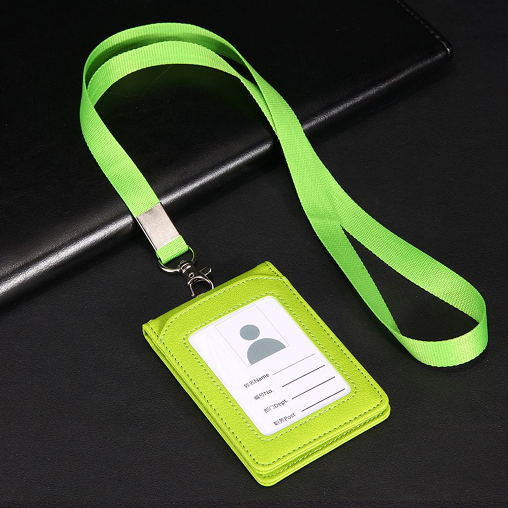Leather Wallet Work Office Retractable Lanyard with Silica Gel Material ID Card Credit Card Badge Holder + Lanyard + 5 Slots: green
