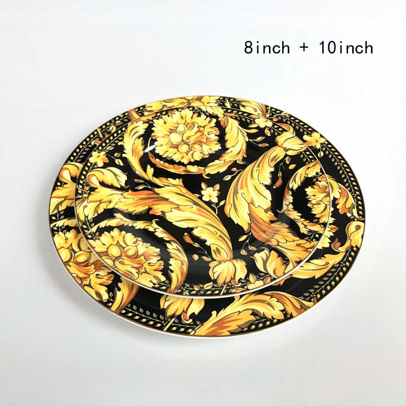 Luxury Porcelain Gold Dinner Plate Kitchen Accessories Dinnerware Serving Flower Plate For Dessert Food Eruope Dishes Bone China