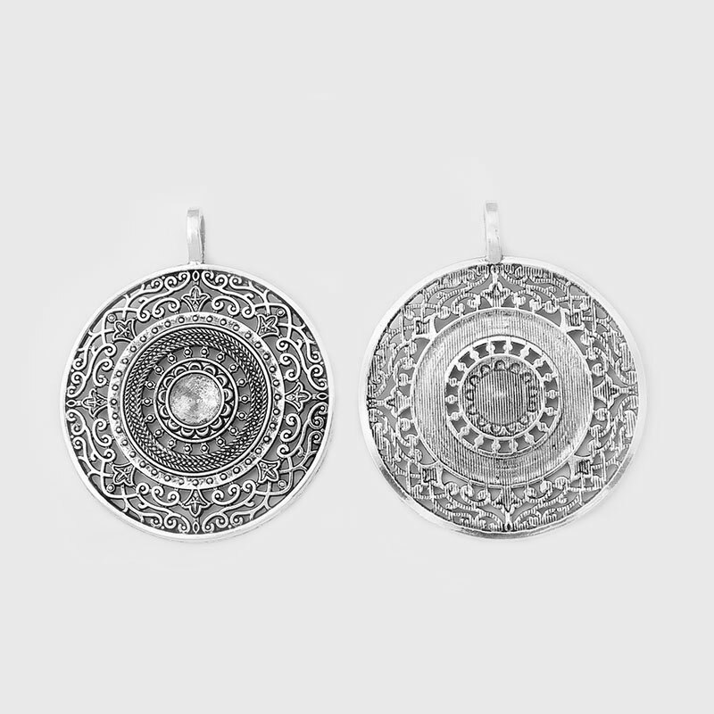 2 stücke Boho Böhmen Öffnen Strudel Blume Amulett Anhänger Für Halskette Schmuck, sterben Entdeckungen 56x68mm: Antiquität Silber- Farbe