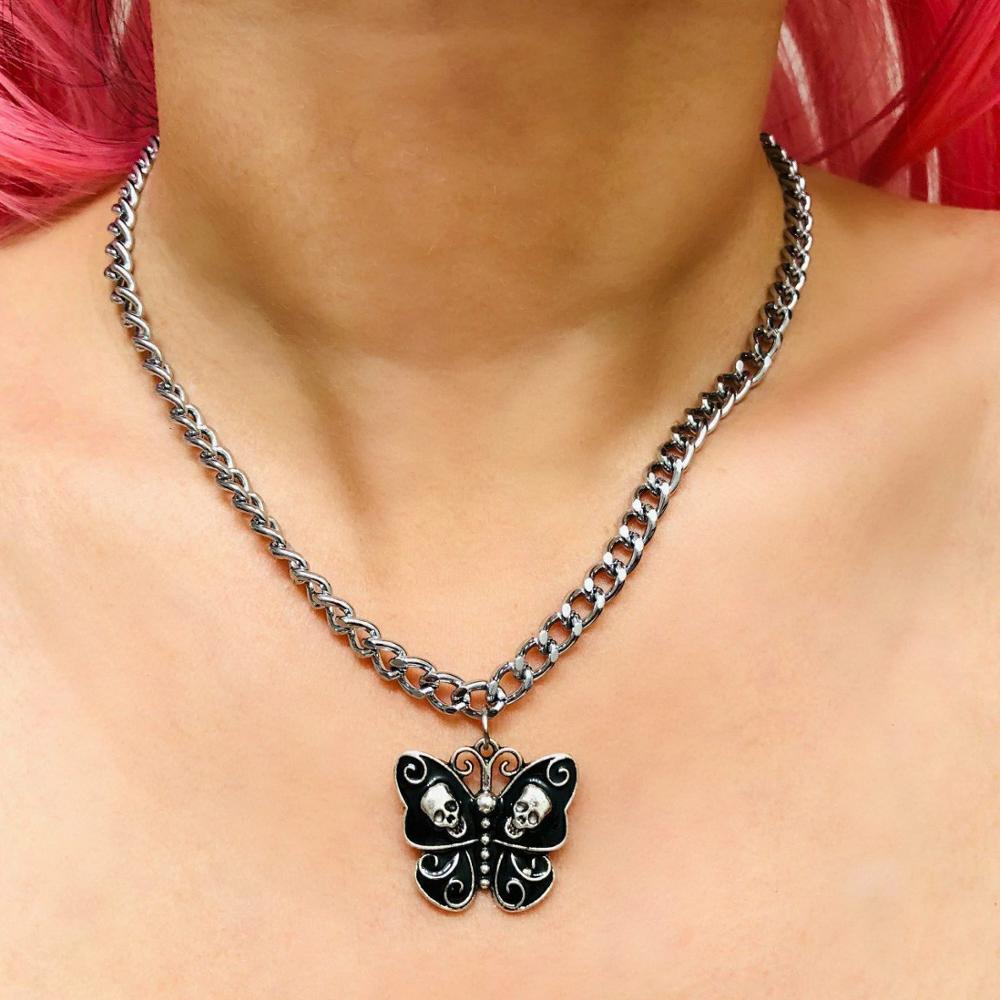 Collier avec pendentif en métal pour femmes, motif de crâne papillon, style gothique, Vintage, Punk, Harajuku, Animal, bijoux ras du cou