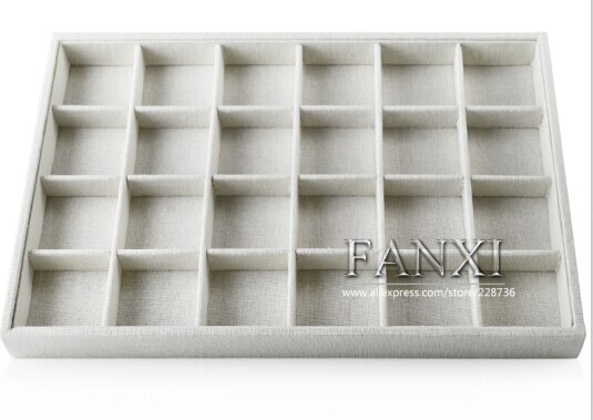 Fanxi træ smykker pakningsbakke med linned til smykker butiksdisk og vinduesbeige linned ringbakker: P01503