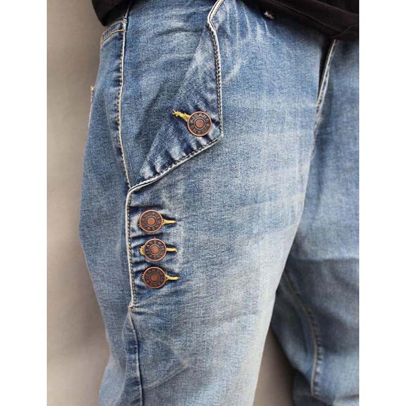 Pantalones vaqueros Harem de a la de talla grande para hombre, pantalones de Hip Hop, pantalones holgados sueltos con botones, pantalones de tela estirada, ropa masculina