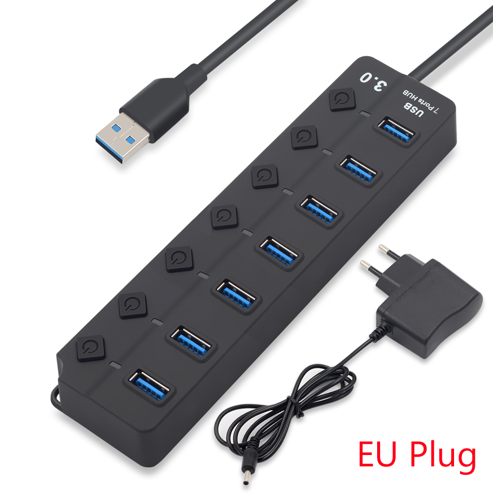 USB 3.0 Hub 4/7 Port Super Speed USB 3 Data Hub met Individuele Schakelaars & EU/ US Power Adapter voor MacBook Laptop PC: 7 ports EU Plug