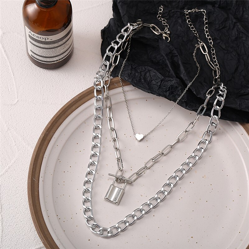 Vintage Multilayer Heart Lock Hanger Ketting Voor Vrouwen Mode Goud Zilver Kleur Dikke Ketting Sieraden: CS5290902