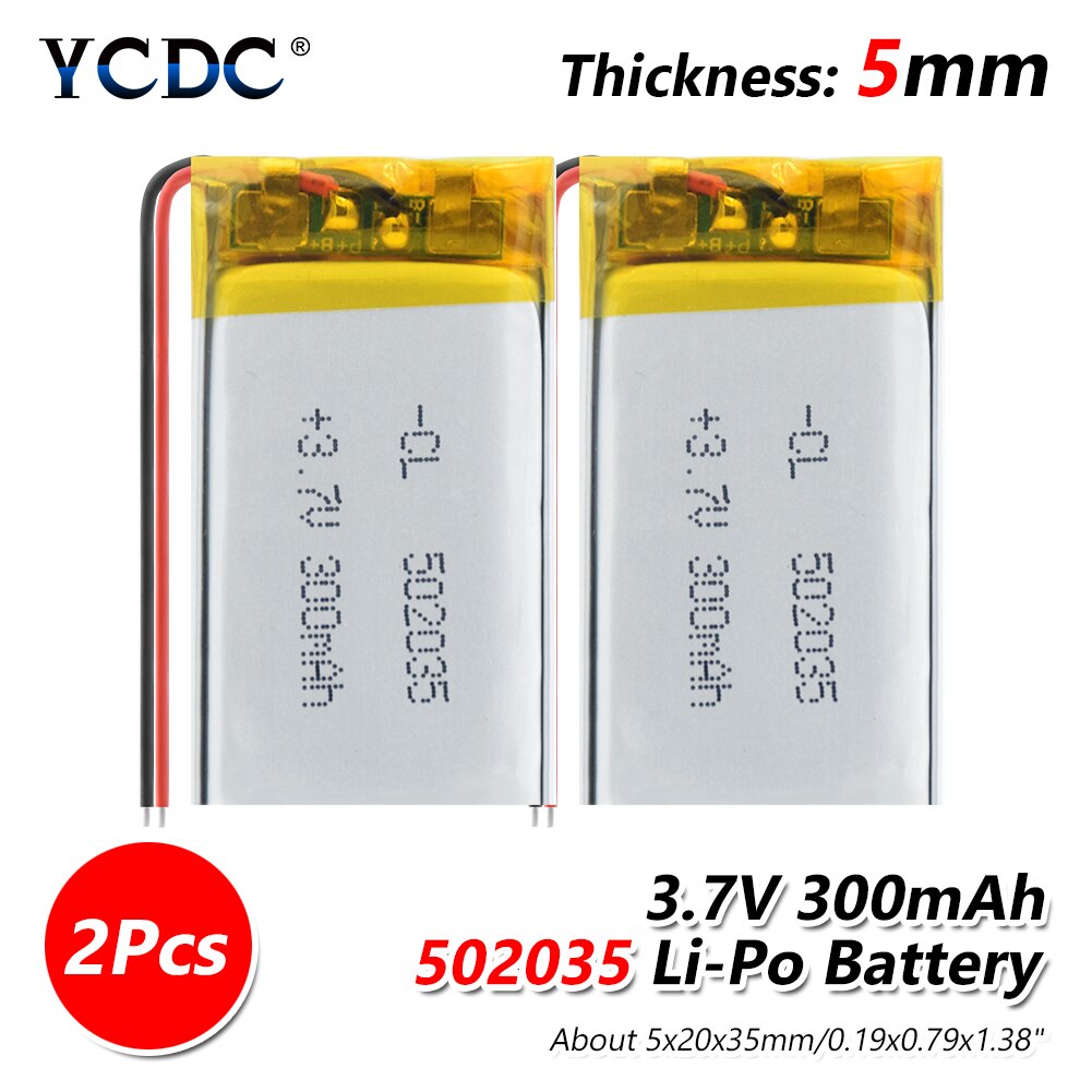 Suministro de batería de litio polímero de litio 502035 300mAh 3,7 V batería recargable para MP3 MP4 MP5 GPS PSP MID Bluetooth auriculares: 2 PCS
