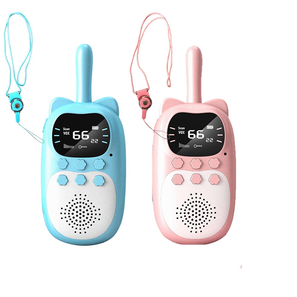 2 stk walkie talkie børn genopladeligt 1000 mah batteri transceiver børn og #39 ;s trådløs telefon talende børn fødselsdag dreng pige: 1 blå 1 pink med gif