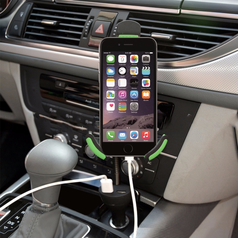 Bil telefon mount cigaret lighter køretøj 2 usb oplader med gåsehals bil telefon holder mobiltelefon mount oplader til 3.5-6.3 tommer