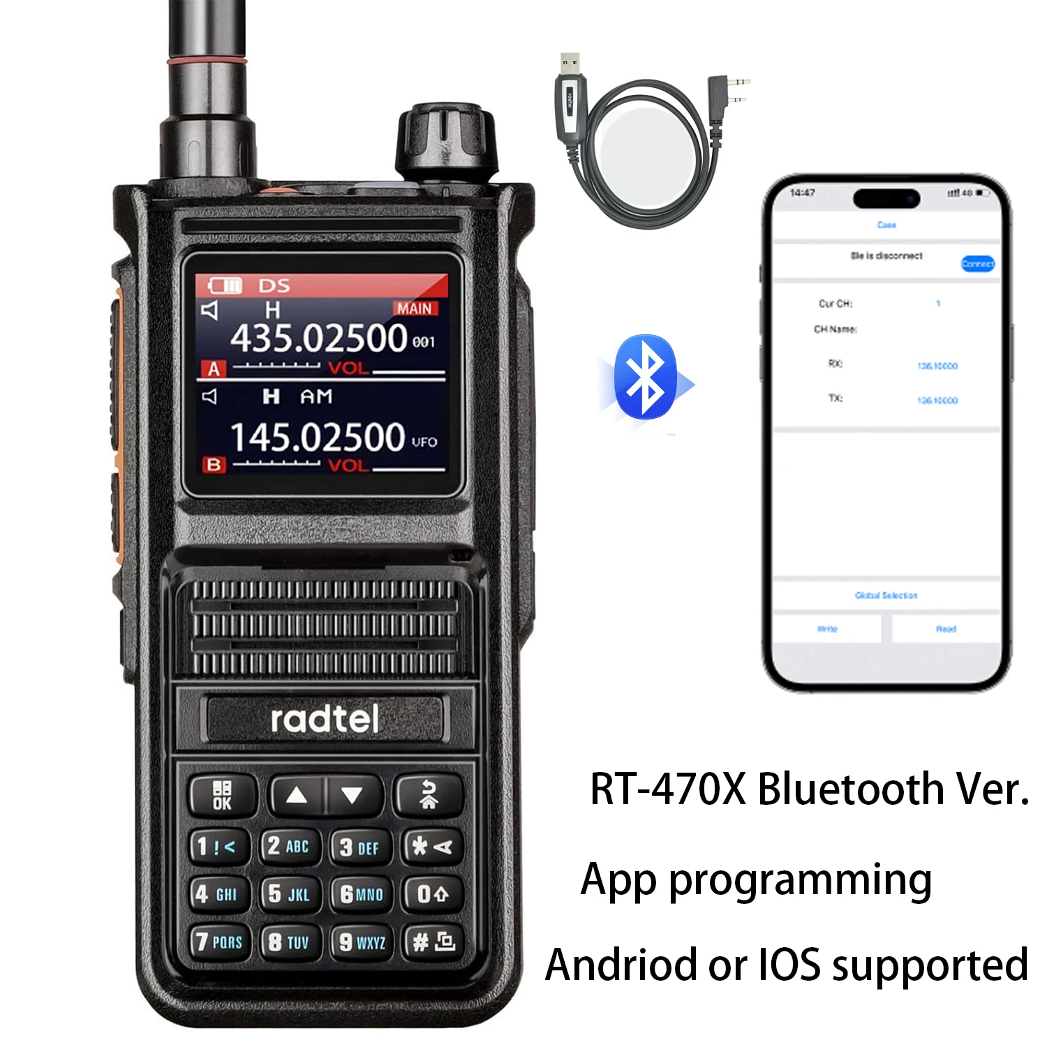 Radtel RT-470X Plus Bluetooth Ham Walkie-Talkies 256CH Air Band Dwukierunkowa stacja radiowa Lotnictwo NOAA Police Marine Transceiver: Black / EURO
