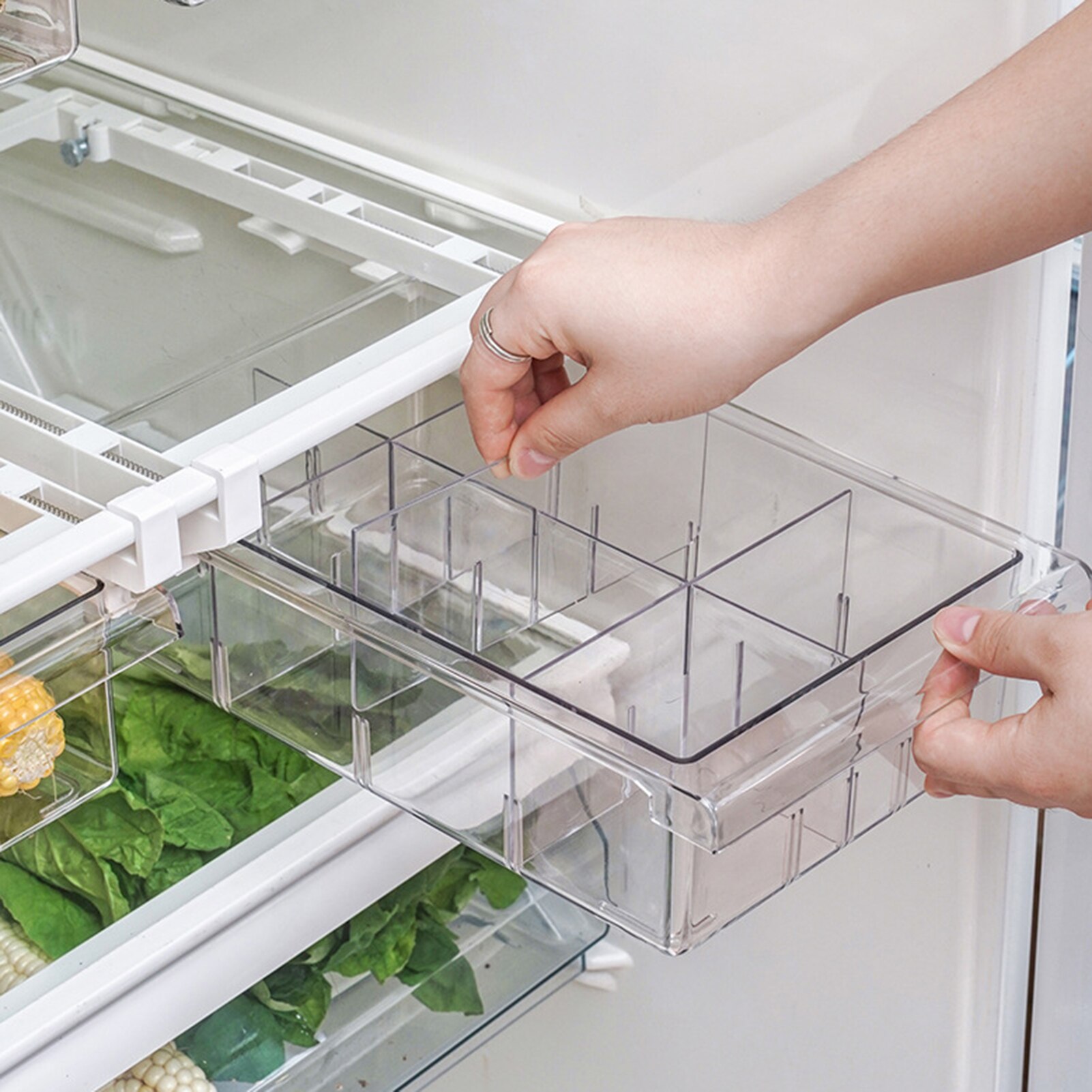1/4/8 Compartment Multi-function Refrigerator Drawer Storage Box Organizer Bin Transparent Fridge Storage Bin Containers