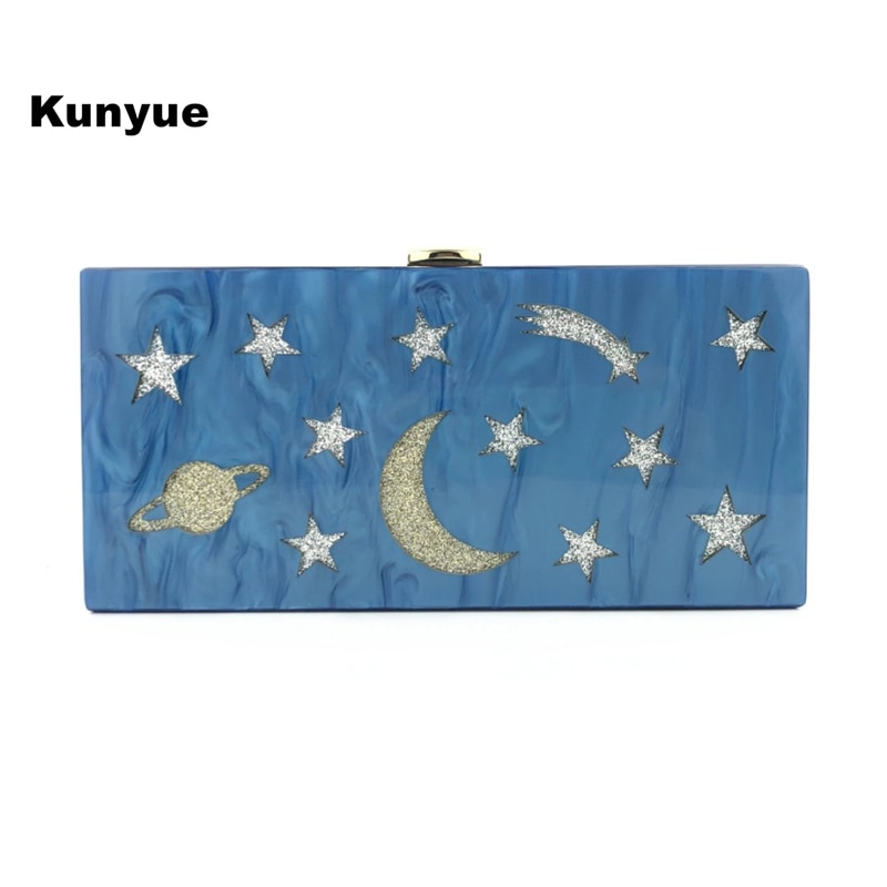 Neue blau perle mond sterne landschaft acryl abend tasche universe muster kupplung geldbörse luxus frauen party hardbox handtasche