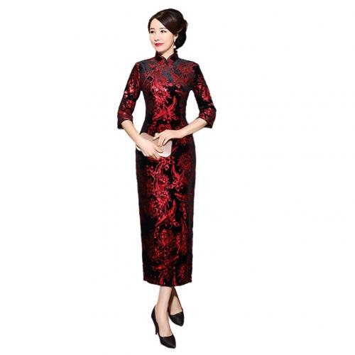 Vrouwen 3/4 Mouw Lange Split Bloemen Gedrukt Chinese Cheongsam Midi Slanke Jurk Chinese Cheongsam Qipao Borduurwerk Spleet Jurk Sexy: Rood / Xl