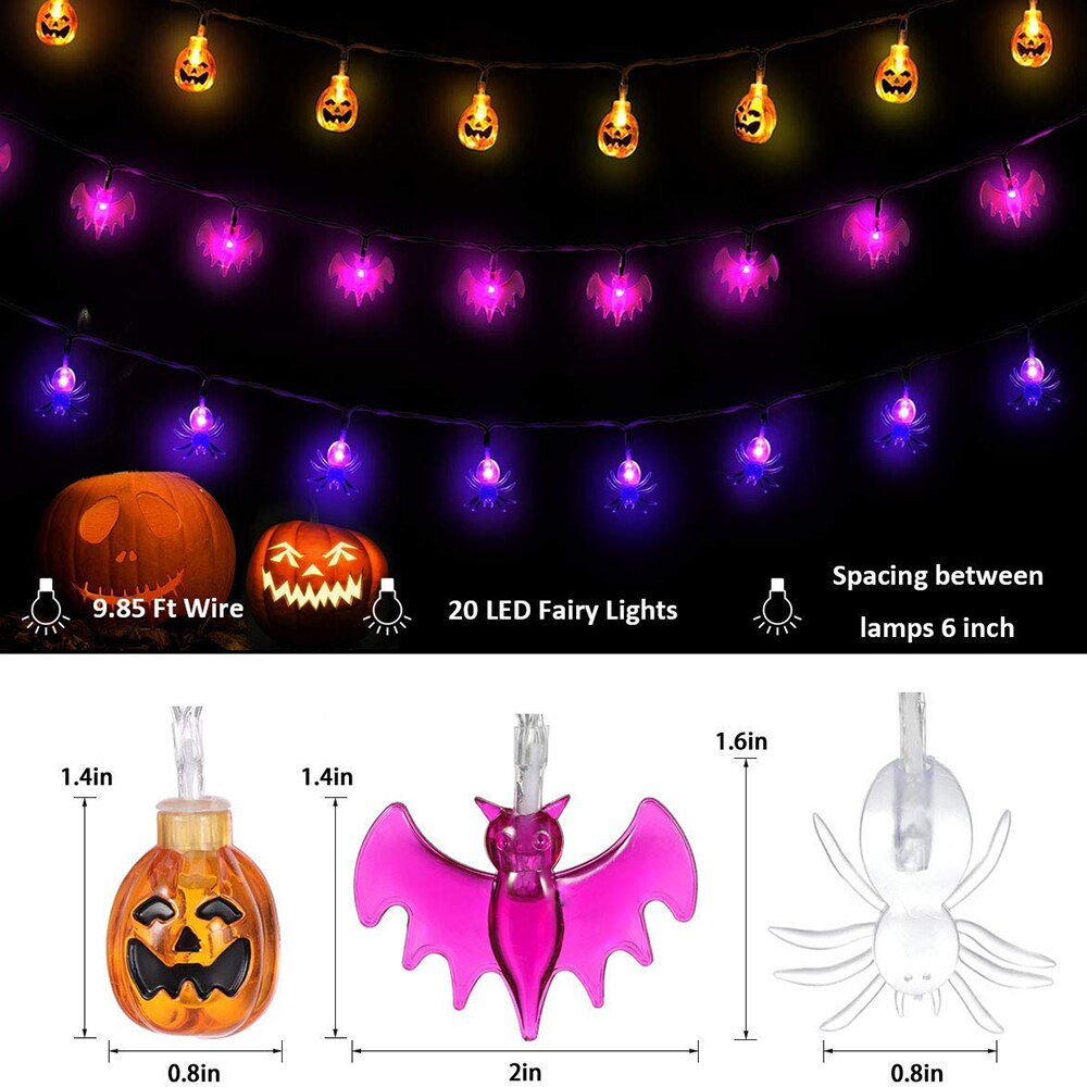 Halloween Lights String 10/20 LED Pumpkin Spider Bat Skull Light Battery Operated for Indoor Outdoor Party Decorations