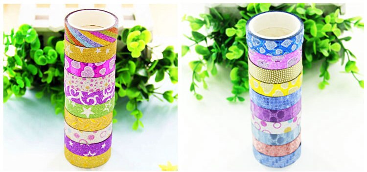 10 Rolls/Lot Kleurrijke en pure kleur plastic tape met glanzende glitter Craft materiaal Scrapbooking kit Creatieve activiteit items