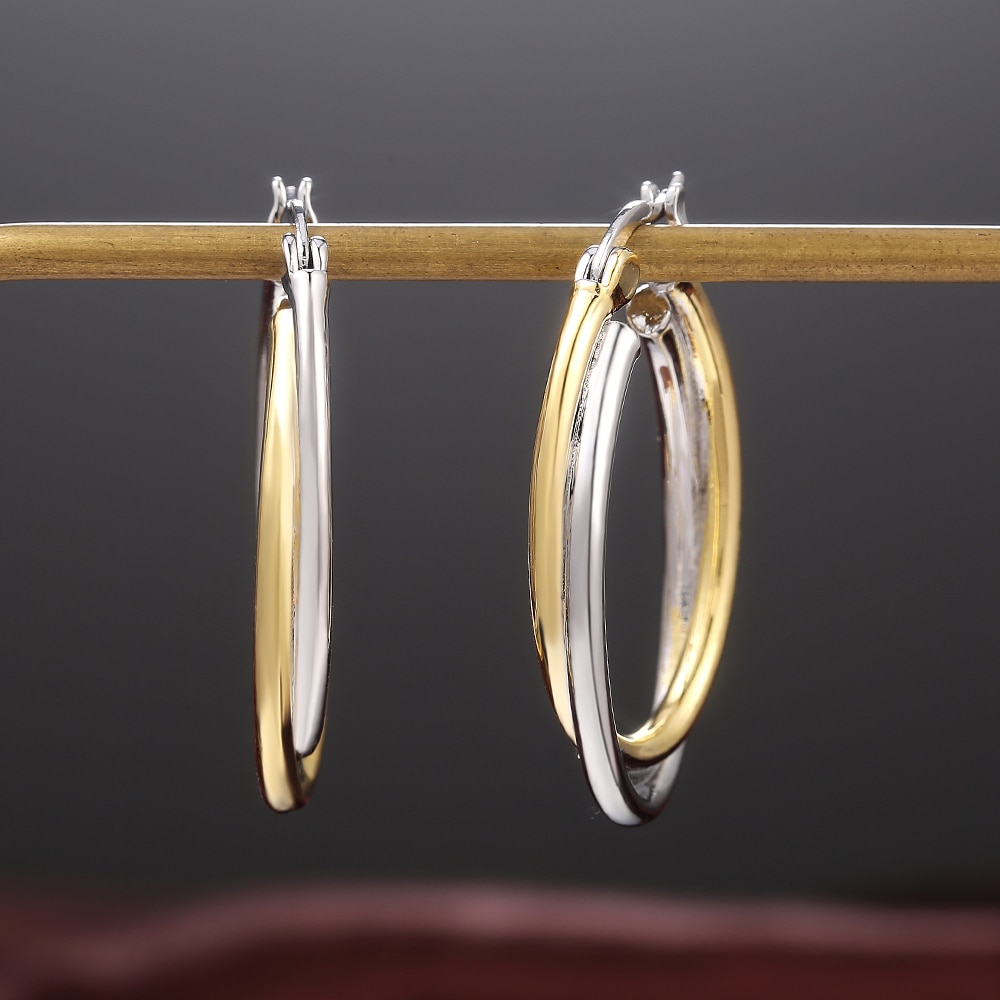 Huitan Two Tone Metal Hoop Earrings for Women Oval Intertwine Personality Girl Daily Wearable Jewelry Earrings