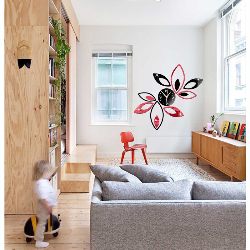Reloj autoadhesivo 3D para decoración del hogar, pegatina de pared con espejo de loto rojo y negro, estilo nórdico, para sala de estar