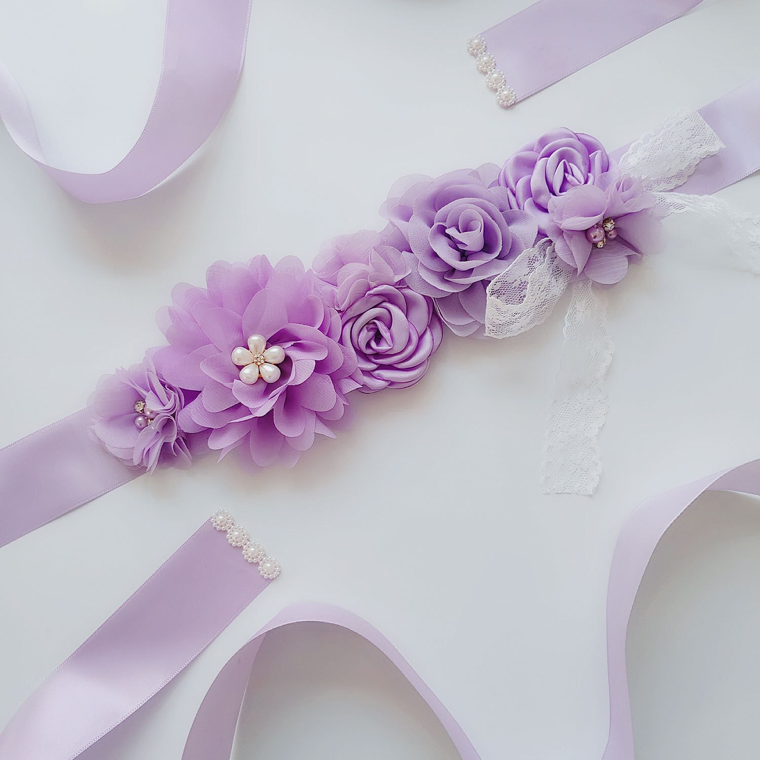 Womens Five Flower Belt Flower Girl Rhinestone Beaded Waistband Bridal Ribbon Cummerbunds Lace Sashes Wedding Waist Belt: Lavender