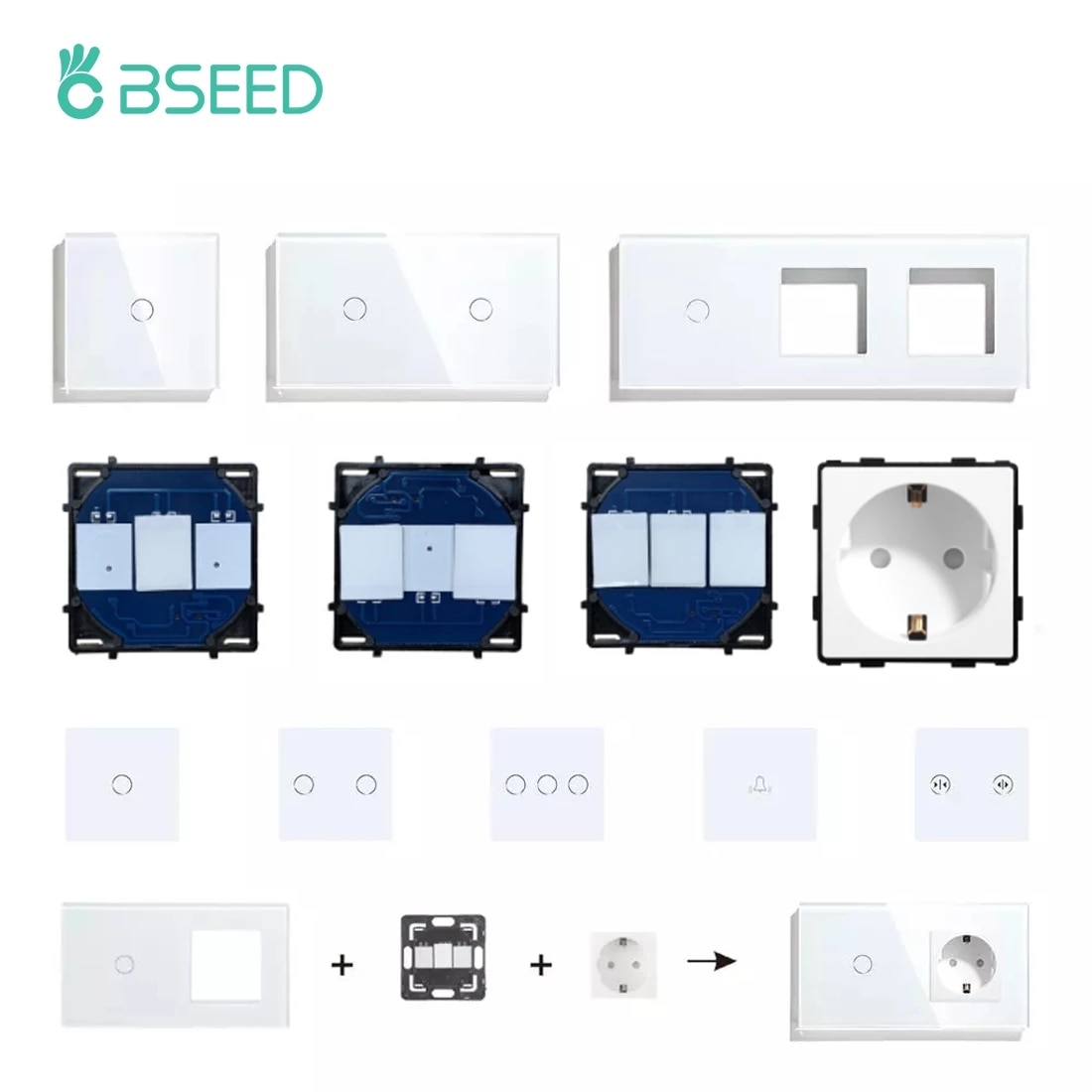BSEED Light Touch Switch Dimmer Touch Light Switch Function Parts Glass Panels EU Wall Socket Plug DIY Free Combination