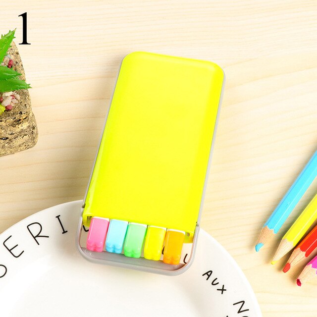 5 farver / kasse søde farverige overstregningssæt med penæske til studerende kawaii fluorescerende tuschpenne kontorskoleartikler: Gul