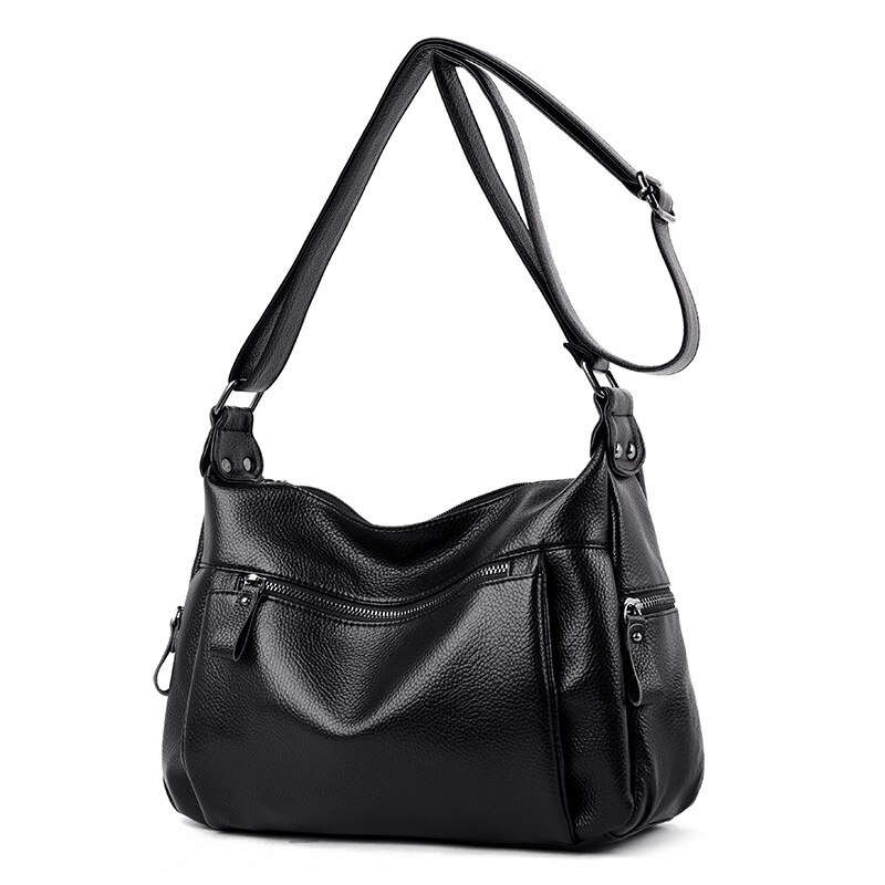 Koreaanse Leisure Een Schouder Messenger Bag Voor Vrouwen Zachte Lederen Tas Voor Middelbare Leeftijd En Oude Vrouwen: Black