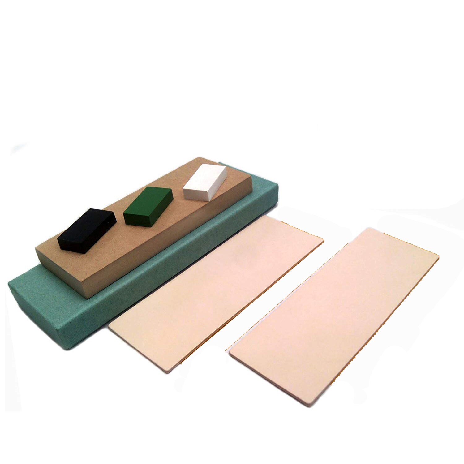 Knife sharpener Kit 2 Vegetable tanned Leather Honing Strops +wood block+3*1oz. Brown,Green,white Sharpening Polishing Compounds: Overall package