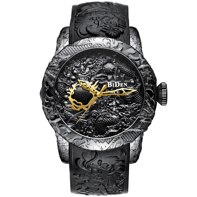 Reloj de cuarzo con escultura de dragón 3D para hombre, cronógrafo de oro negro, resistente al agua, esfera grande, , de pulsera, grabado en 3D: Cool Dragon Watch