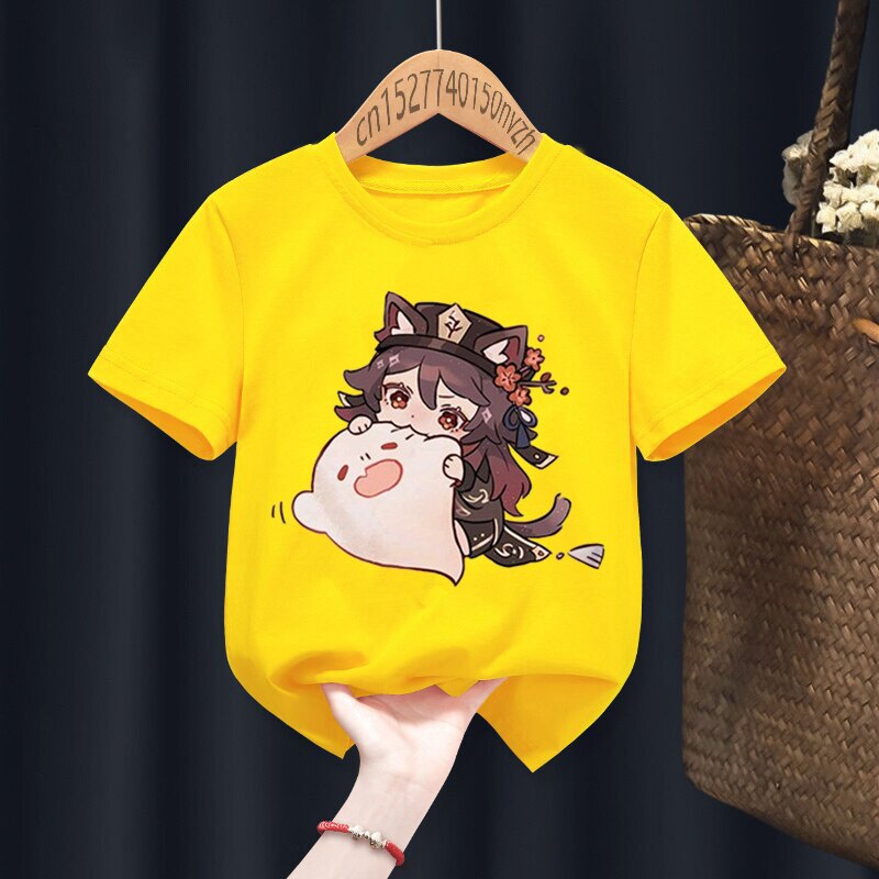 Hu Tao Genshin Impact Print Red Kid t-shirt bambini bambino nero Harajuku Kawaii vestiti ragazzo ragazza top regalo presente, nave di caduta: yellow / 3T 90-100cm
