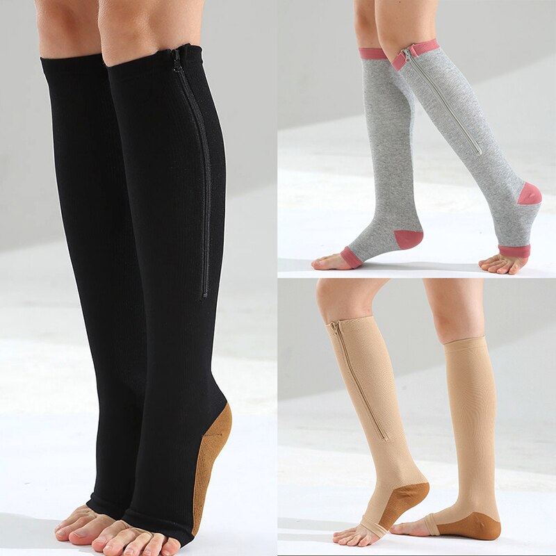Chaussettes de Compression pour hommes et femmes, chaussettes de soutien du genou, fermeture éclair, bout ouvert, fines, Anti-Fatigue, chaussettes hautes, extensibles, unisexes,