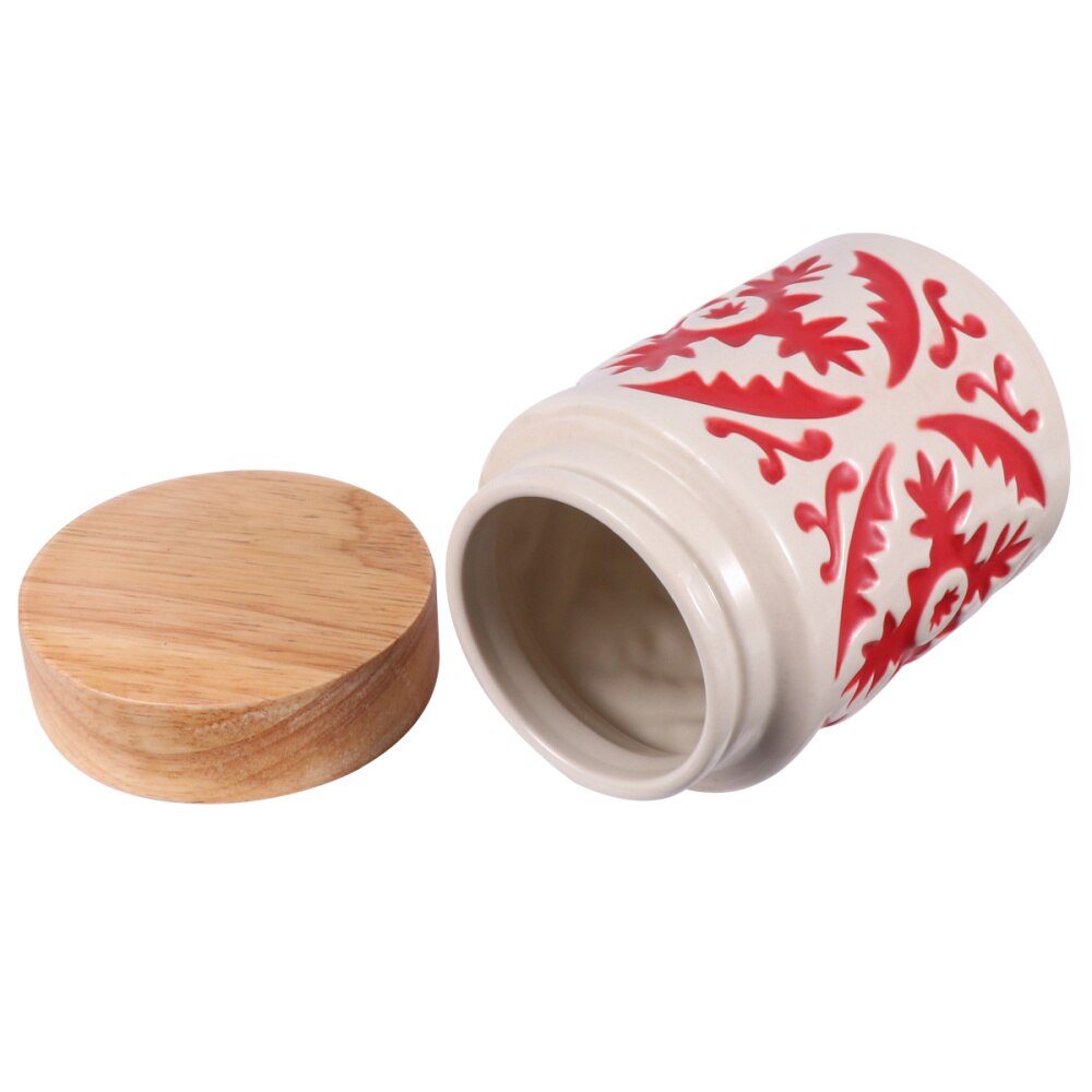 Ceramic Grain Canister Food Kitchen Sealed Storage Container Empty Storage Jar Dried Fruit Jar with Wooden Lid (Red)