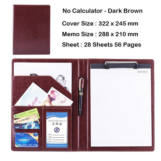 Business Office Folder Multifunctional Office Organizer with Calculator Clip A4 Leather Folder Folder Briefcase Office Supplies: A dark brown